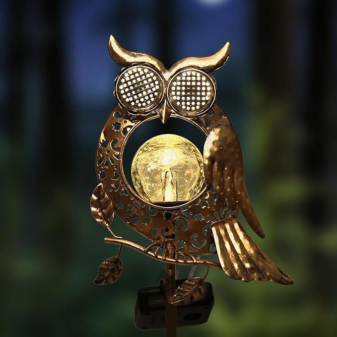 KAIXOXIN LEDs Solar Stake Lights for Garden Metal Warm White, Memorial Gift - Perfect as Remembrance & Sympathy Gifts (Angel-Bronze) (Owl)