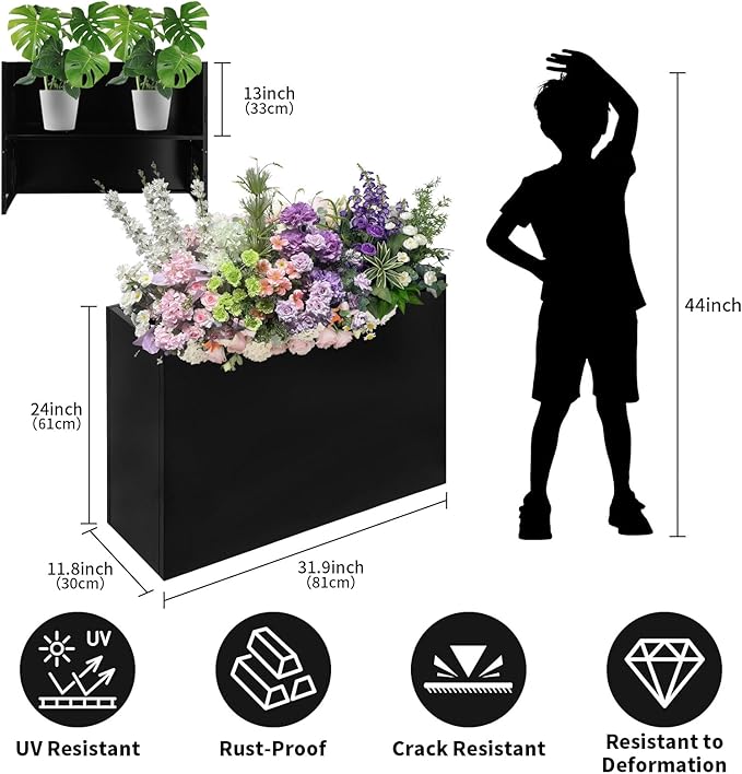 Rectangle Planter-32 L x 12" W x 24" H Tall Black Metal Large Planter Boxes Outdoor Pots,Flowers Pot Garden Porch Patio Privacy