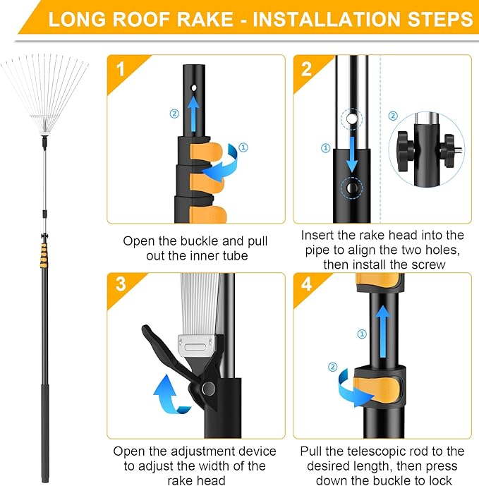 FIXM Telescoping Roof and Yard Rake 7-31 FT, Dual Use to Clean Leaves, Branches and Debris for Roofs/Lawn