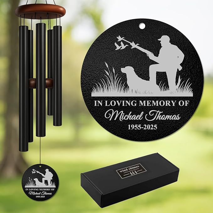 Personalized Hunter & Dog Memorial Wind Chime – “in Loving Memory of” Golden Engraved Hunting Scene – Custom Name & Years Sympathy Gift – Windchimes for Loss of Loved One – Nature Tribute Décor