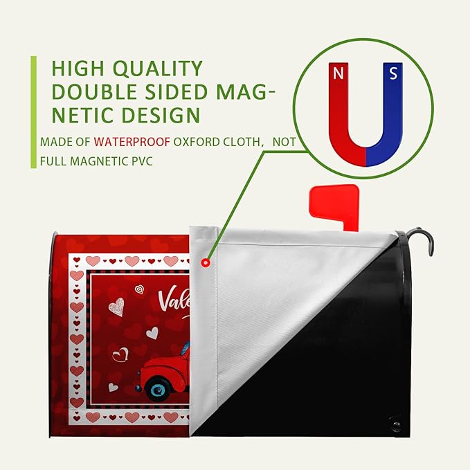 Happy Valentine's Day Mailbox Cover Red Truck and Heart Mailbox Wrap with Magnetic Strip Love Holiday Mailbox Post Letter Box Cover Standard Size 21" X 18" for Outdoor Decor