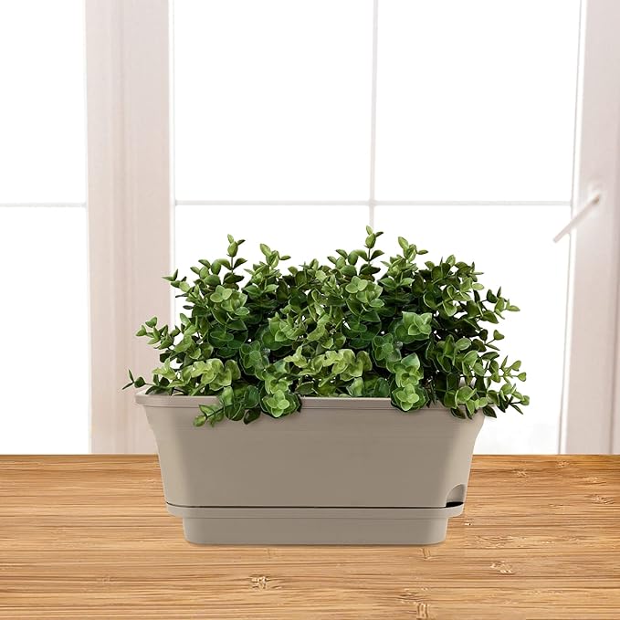 Set of 4 Flower Window Box Plastic Vegetable Planters with Drainage Hole Saucer, 15" Rectangle Self Watering Flowerpot, Garden Plant Decorative Pots for Windowsill, Indoor Succulents, Brown