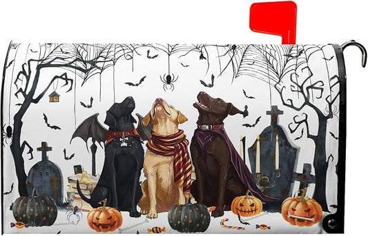 25.5"x21" Halloween Dogs Magnetic Mailbox Cover Spooky Pumpkins Tombstone Spider Web Bats Waterproof Mailbox Wrap Letter Post Cover Large Size for Garden Yard Outside Holiday Decor