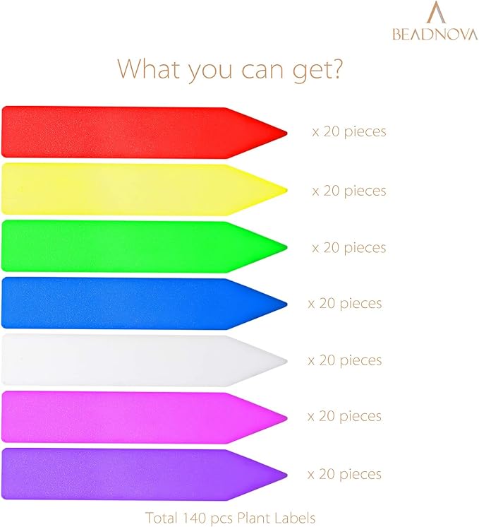 BEADNOVA Plant Labels 140pcs Plant Tags Multicolor Identification Stakes Plastic Labels for Pots Garden (4 Inch, 7 Colors)