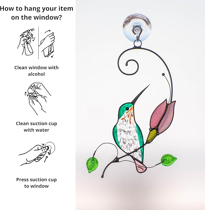 Hummingbird Cardinal Birds Stained Glass Suncatcher Genuine Stained Glass Window Hangings Unique Indoor Ornament & Outdoor Decor (Hummingbird)