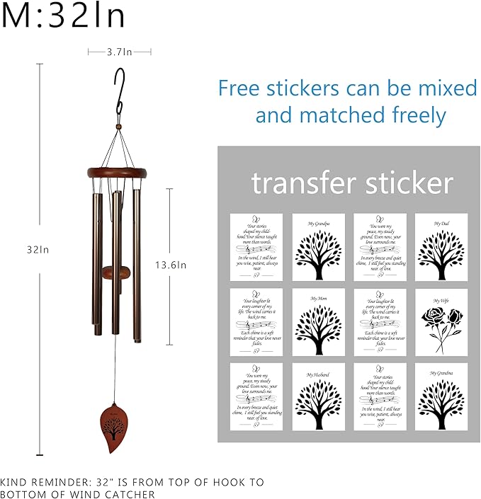 Personalized Memorial Wind Chimes for Loss of Loved One – Sympathy Gift for Mom or Dad, Outdoor Bereavement Chimes, Remembrance Wind Chime for Funeral or Memorial (Silver, 32")