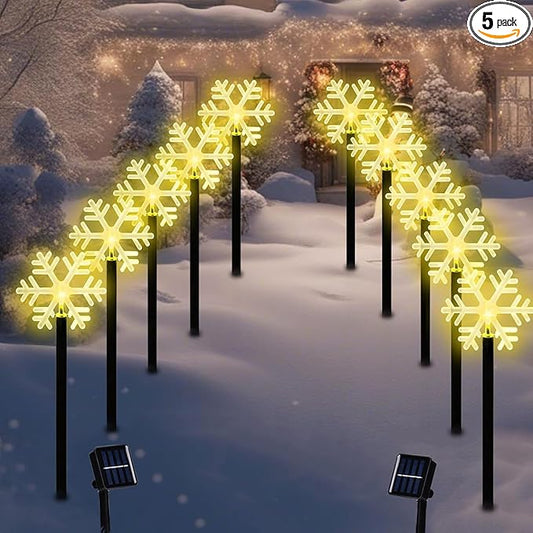 BRIGHTDECK Snowflake Solar Christmas Decorations Outdoor, 10 Pack LED Christmas Pathway Lights, Waterproof Snowflake Pathway Lights, Stake for Garden Decor (10Pcs Warm White)