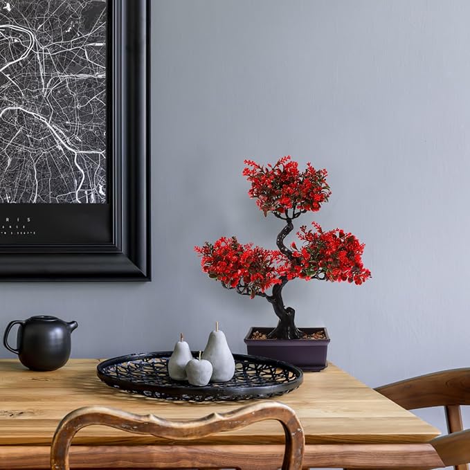 HANABASS Artificial Bonsai Tree Fake Blossom Faux Potted Plant Realistic Red Fake Plant for Indoor Outdoor Garden Home Office Decor Decor Wedding Centerpiece