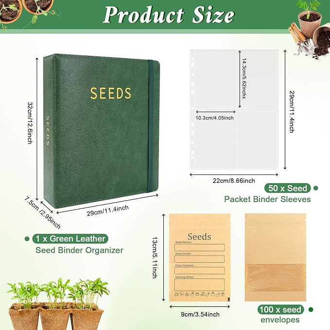 Seed Storage Organizer Binder-Garden Seed Packet Organizer with 50 Pack Seed Packet Sleeves that Stores 200 Seed Envelopes-100 Resealable Seed Saving Envelopes for Seed Storage, Seed Saver