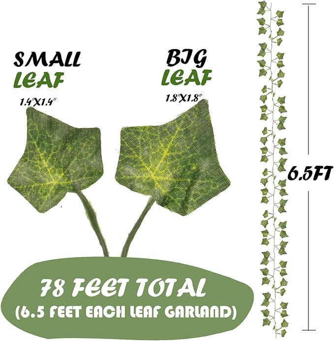 Flojery 78Ft 12pcs Silk Artificial Ivy Vine Hanging Leaves Plant Greenery Decor Party Home Garden Wedding Wall Decor (Green)