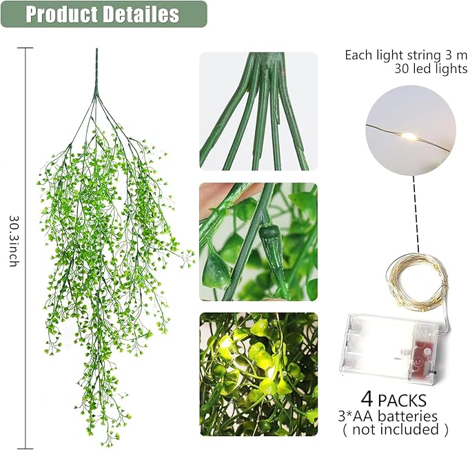 RECUTMS Pack of 4 Ferns Artificial Plants Large Artificial Hanging Plants Faux Ivy Vine Fake Greenery Wall Plants with LED Lights for Room Garden Patio Porch Bathroom Kitchen Decor (Green)