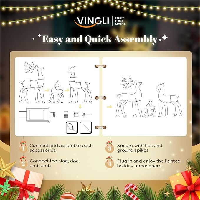 VINGLI 3-Piece Lighted Iridescent Christmas Reindeer Family Set, 3FT Buck Doe Fawn Outdoor Yard Decorations, Pre-lit 110 Warm White LED Lights, Weatherproof Xmas Lawn Garden Home Decor