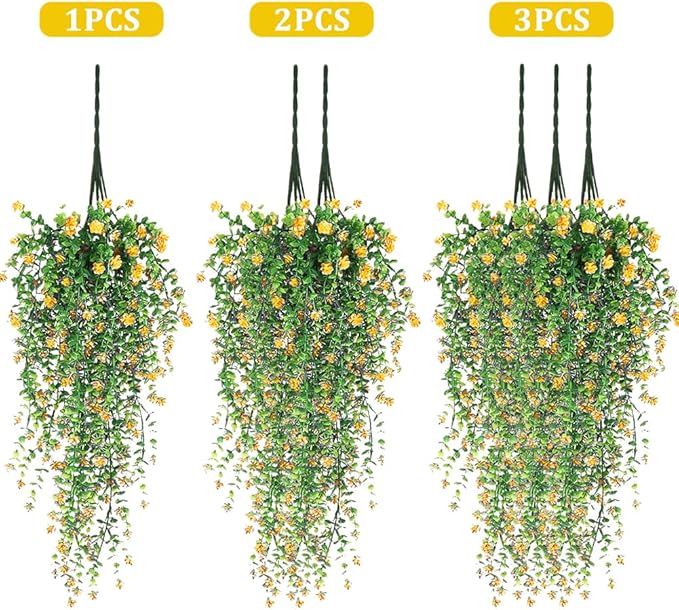 Artificial Hanging Flowers, 3 Pcs Fake Hanging Plants Decor, Artificial Vines for Outdoors, UV Resistant No Fade Artificial Plants Suitable for Indoor Decoration Outdoor Porch Courtyard (Yellow)