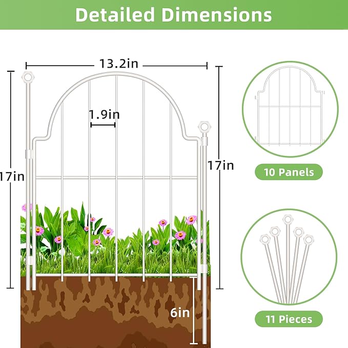 Decorative Garden Fence 17in (H) x 10ft (L), 10 Pack Metal No Dig Garden Fencing Animal Barrier for Dogs & Rabbit, Arched Flower Bed Edging Ornamental with Ground Stake for Yard & Patio, White
