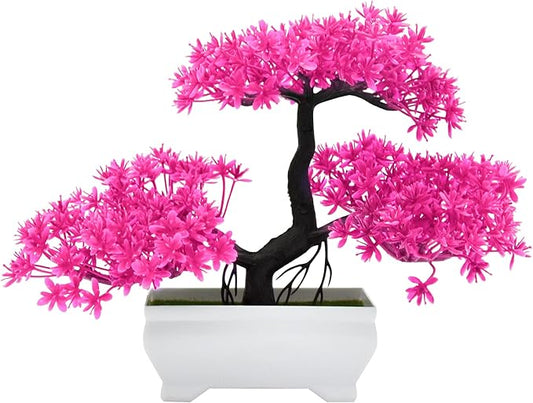 Mini Artificial Bonsai Tree Plants with Plastic Cement Pots for Home Office Décor(Pink)