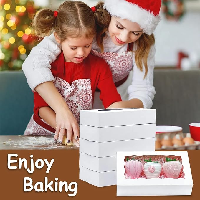 20pcs Cookie Boxes 7" x 4 3/8" x 1 1/2" Inch, Bakery Boxes with window Treat Box Chocolate Covered Strawberries Box for Christmas Valentine's Mother's Day - White