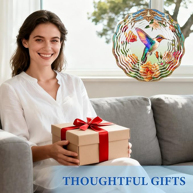 Hummingbird Wind Spinner, Hummingbird Gifts for Women Men Mom Wife Grandma, 12" Metal Outdoor Indoor Hanging Ornament for Garden Porch Backyard, Gift for Birthday Thanksgiving Christmas