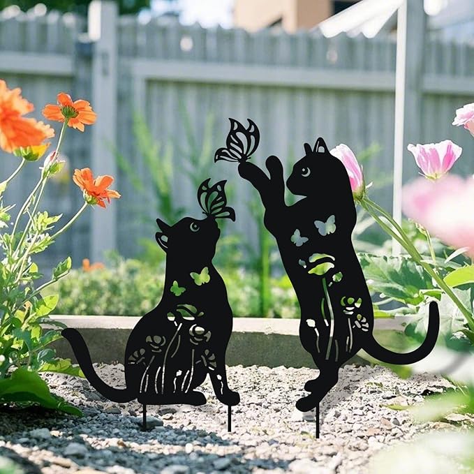 WONDER GARDEN Metal Cat Decor for Outside - 2 Pack Garden Stakes Decorative, Black Cat Silhouette Statues Lawn Ornaments Yard Art Patio Decor Women Men Mom Gifts