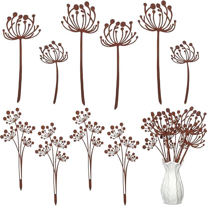Set of 10 Dandelion Metal Flowers for Outside Decorative Garden Stakes Plants Stakes Yard Art Decor for Lawn Yard Walkway and Flower Garden