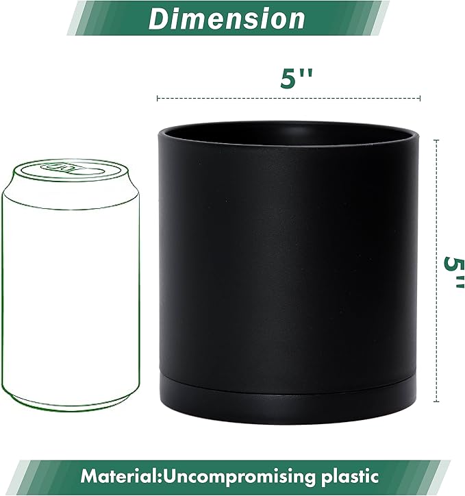 D'vine Dev 6 Pack 5 Inch Modern Plastic Plant Pots, Small Garden Planters for Plant with Drainage Holes and Saucers, Black Color, 74-Y-G-3