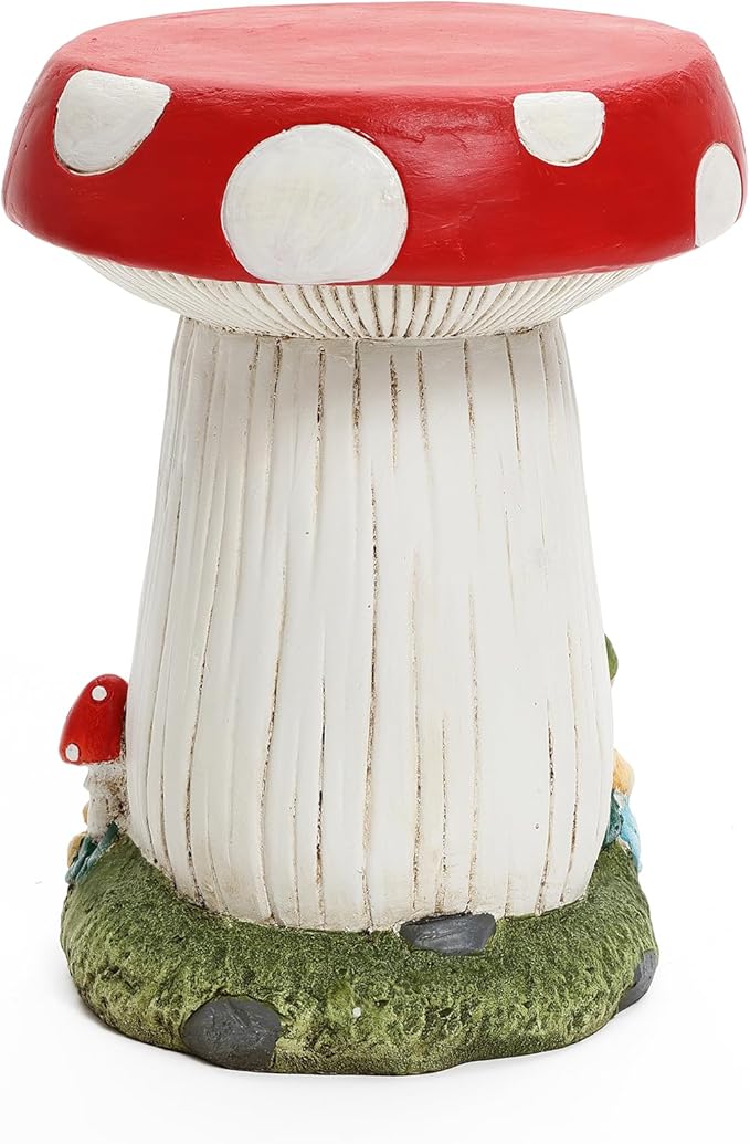 LuxenHome Gnome Garden Statue,17'' Mushroom House Statue, Outdoor Side Table, Plant Stand for Balcony, Gift, Large Garden Ornaments Yard Decor, Fairy House, Patio Side Table, Sculpture, Drum Stool