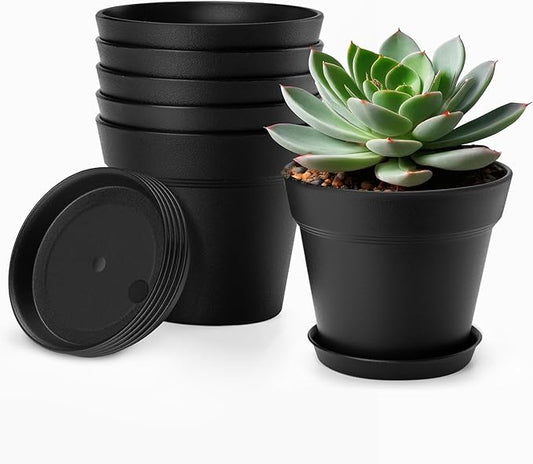 4 Inch Plastic Plant Pots 6 Pack, Small Flower Pots with Drainage Holes and Tray, Thickened Indoor Planters Seedlings Nursery Pots, African Violet, Succulent and All House Plants, Black