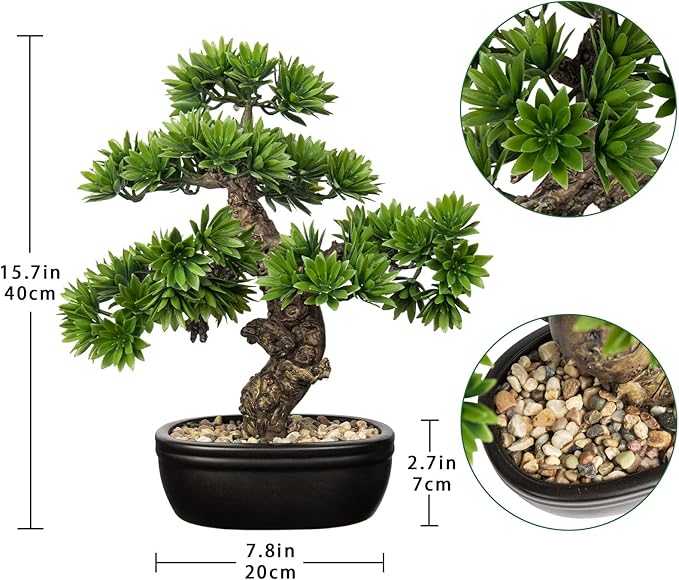 Fake Bonsai Tree Small Bonsai Plant 15.7” Tall Artificial Bonsai Trees with Black Pot Decorated with Pebbles Desk Plant Indoor Bonsai for Home Office Decor