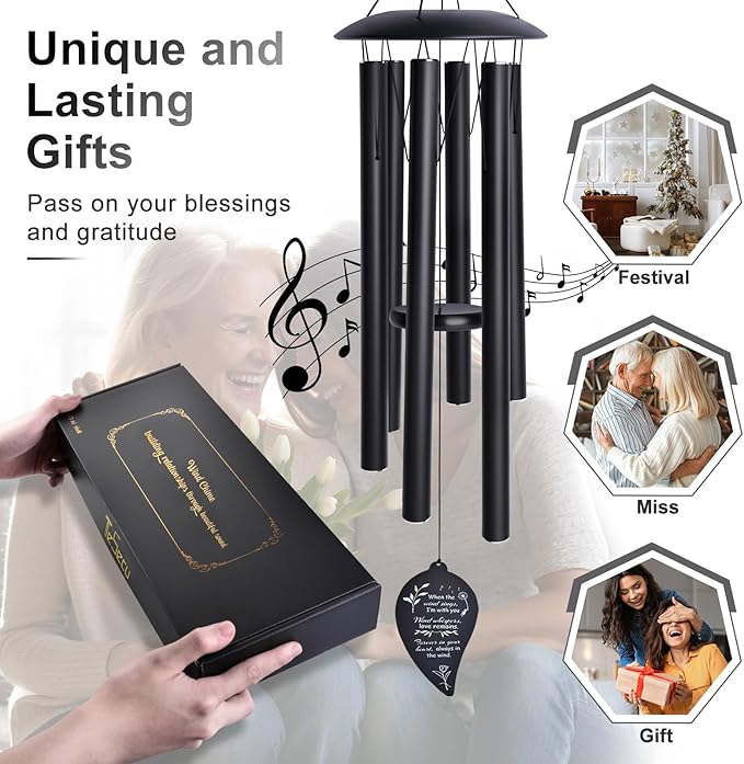 40" Deep Tone Memorial Wind Chimes for Outside, Hand-Tuned Pentatonic Scale Wind Chimes for Garden, Sympathy Gift for Loss of Loved One, Outdoor Souvenir Mother, Black Modern Elegant Design