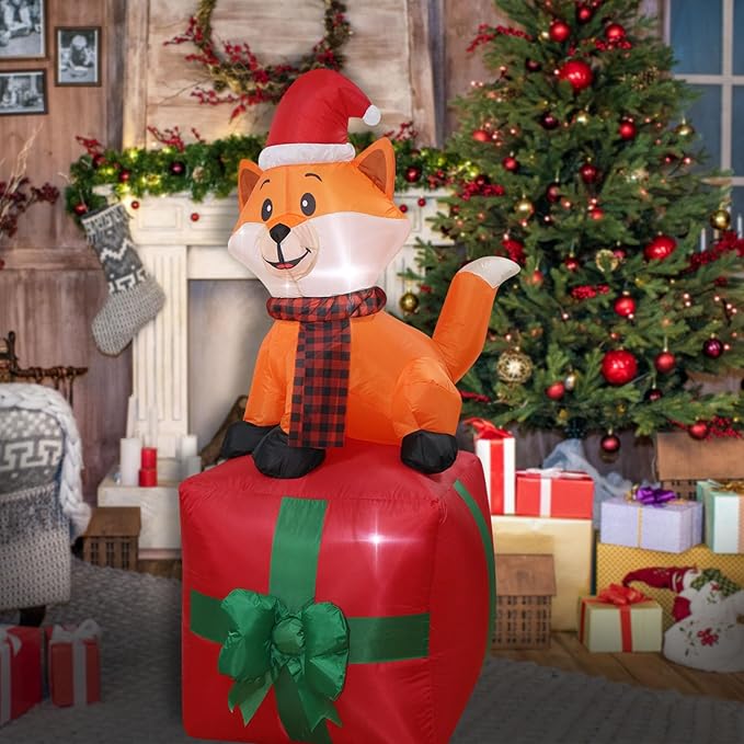 Christmas Inflatables Fox on Giftbox Lighted Yard Lawn Inflatable Decoration with Built-in Fan and Stakes Ropes Holiday Party Decor, Christmas Decor (5FT-Fox on GiftBox)