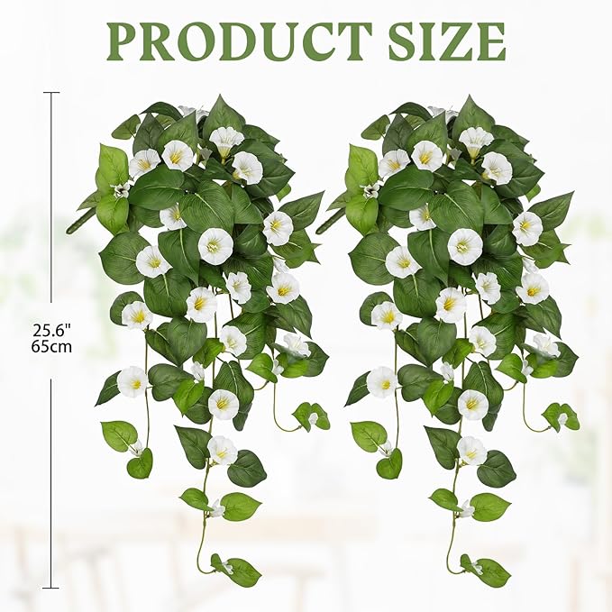 Briful Fake Hanging Flowers 2 Pack 25.6" Artificial Morning Glory Silk Floral Bush Faux Hanging Vine Plants Outdoor Fake Flowers for Home Office Outside Planter Porch Patio Yard Garden Decor(White)