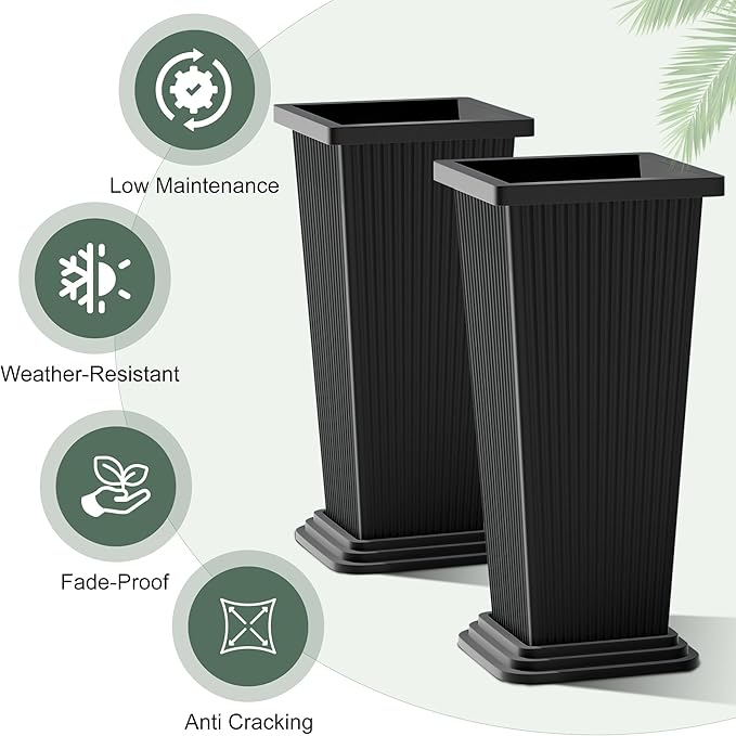 Tall Planters Set of 2, Large Indoor Outdoor Flower Pots with Tray Modern Tapered Planter for Patio, Garden, Porch, Backyard (Black Ribbed)