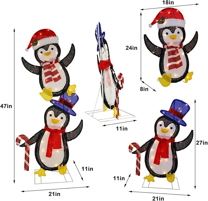 WATERGLIDE Set of 2 Lighted Christmas Tinsel Penguins, Pre-Lit 2D Stacked Penguin with Incandescent Lights, Light Up & Plug in for Indoor Outdoor Festive Xmas Holiday Garden Yard Lawn Decor