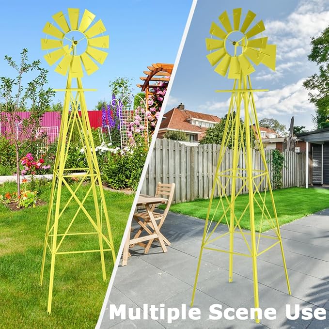 8FT Windmill for Yard Garden Decoration with Weather Vanes，Heavy Duty Outdoor Wind Mills, Large Metal Outdoor Windmill,Weather Resistant,Yellow