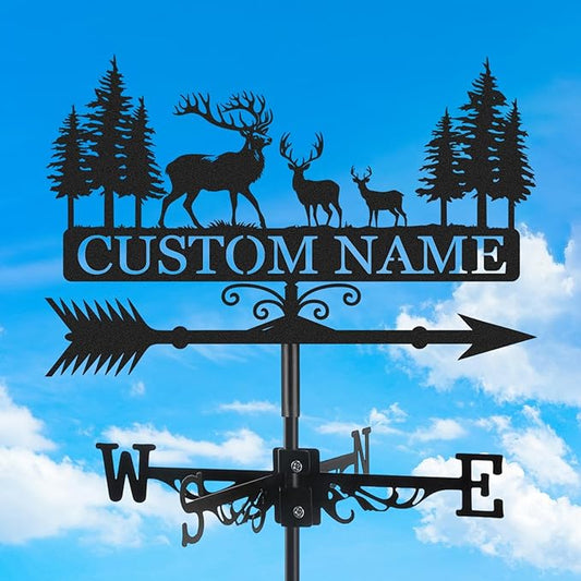 Personalized Deer Metal Weather Vane, Custom Family Name Weathervane, Wind Direction Indicator, Weather Vanes Roof Mount, Wind Vane Outdoor Decor for Farmhouse Garden Shed, Housewarming Gifts