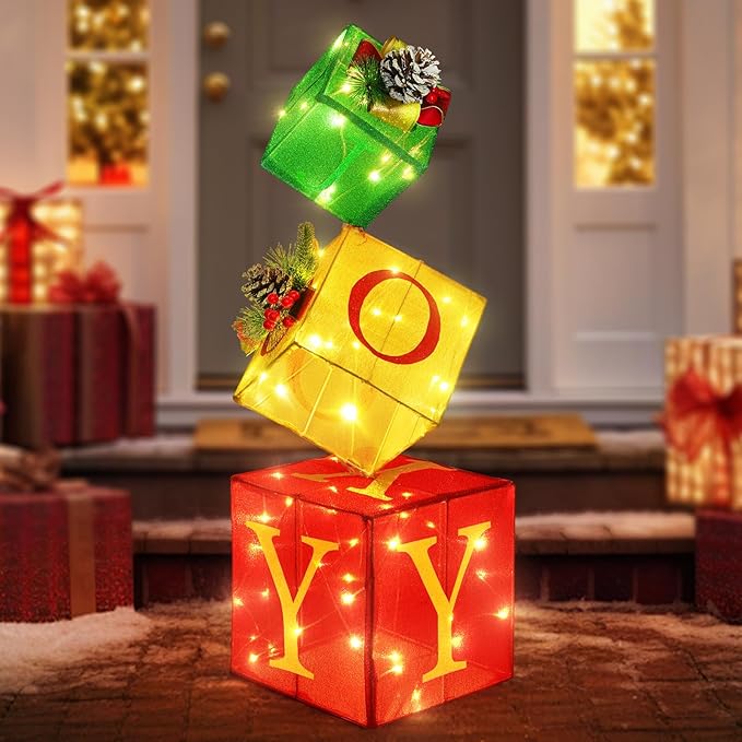 Christmas Joy Lighted Gift Boxes Decorations Set of 3, 2.8Ft Stackable Christmas Nesting Boxes Battery Operated for Home and Party Decoration