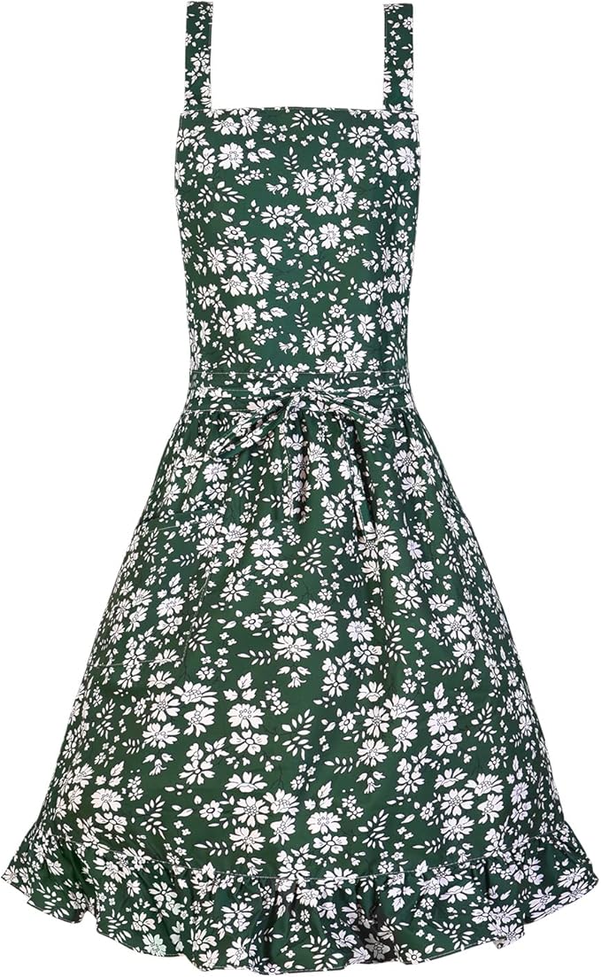 Vintage Pinafore Apron Dress for Women with Pockets Cute Floral Chef Aprons for Kitchen Cooking Baking Gardening