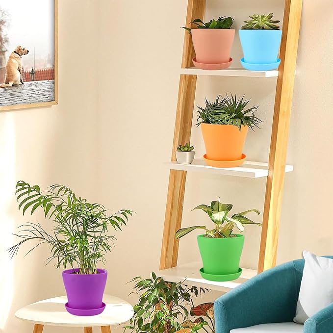 16Pack 5.5" Colorful Plastic Planters - 14CM Small Plastic Flower Pots with Drainage Holes and Tray for Home Garden Flowers Plants