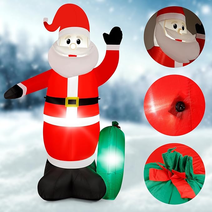 8FT Christmas Inflatable Santa Claus, IP65 Lighted Blow Up Santa Claus with LED Lights, Automatic Inflation Yard Decorations for Lawn Garden Holiday Decor