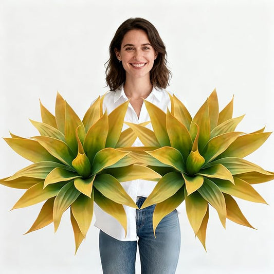 Artificial Plants Outdoors Faux Agave Fake Greenery Outdoor Artificial Plant 28" Fake Plant for Indoor Home Decor Plastic Plant Outdoor Decor Front Porch Decor Faux Cactus(Yellow 2Pcs)No Vase