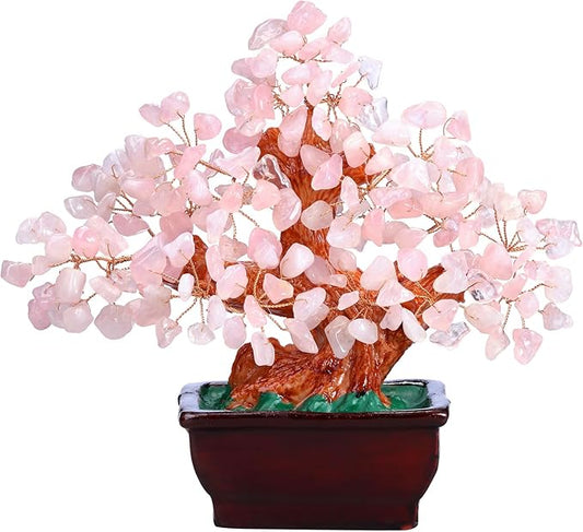 Feng Shui Natural Rose Pink Quartz Crystal Money Tree Bonsai Style Decoration for Wealth and Luck (Pink)