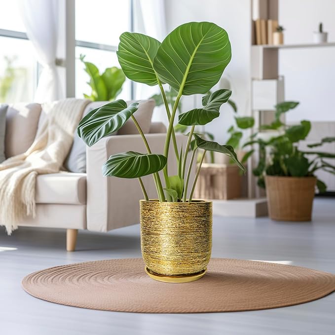 Ceramic Pots for Plants 12 Inch - Ceramic Planter for Indoor Outdoor Flowers, Cylinder Modern Flower Pot with Drainage Hole and Saucer, Patio Home Decor, Gifts for Plants Lovers, Gold