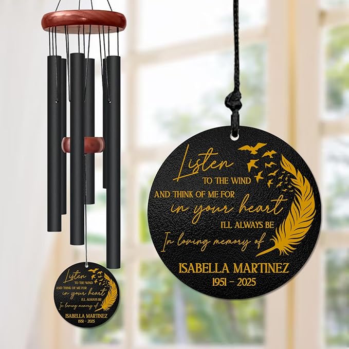 Personalized Memorial Wind Chime – “Listen to The Wind and Think of Me” Custom Name & Years – Sympathy Gift for Loss of Loved One – Outdoor Feather & Bird Remembrance Windchime for Healing