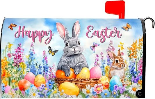 Spring Easter Magnetic Mailbox Cover Bunny Eggs Mailbox Cover Magnetic Standard Size 18 X 21 Inch Butterfly Flowers Mailbox Post Cover Mailbox Wraps Mailbox Decor for Home Garden Outdoor Yard