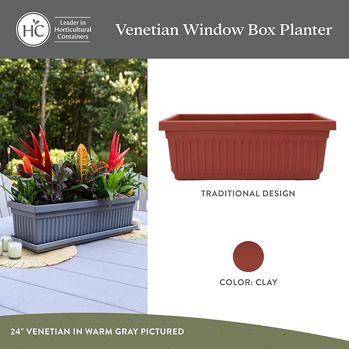 The HC Companies 18 Inch Venetian Window Planter Box with Drainage Plug, Lightweight UV-Resistant Plastic Outdoor Planters, 2-Pack Flower Box for Garden & Home Decor, Clay
