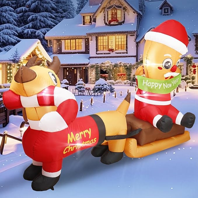 7FT L Animated Christmas Inflatable Santa on Sleigh with Dachshund, Lovely Christmas Blow up Dog Sledding with Build-in LED Lights Indoor Outdoor Party Decoration