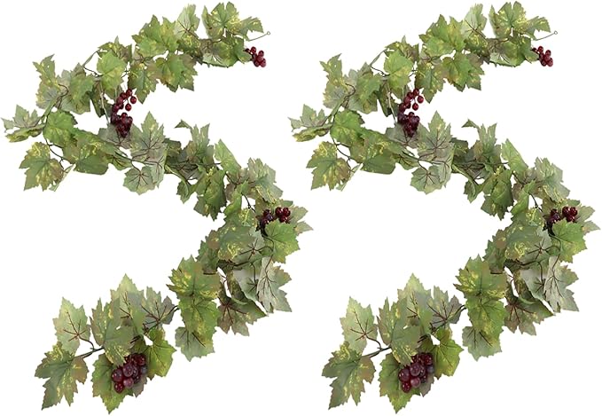 Artificial Grape Vine Leaf Garland Plant with 5 Strings Grapes, 6.5ft Artificial Fake Grape Vines Fake Greenery for Wedding Party Home Indoor Outdoors Decoration (2, Summer Leaf Garland)