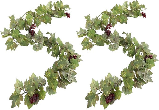 Artificial Grape Vine Leaf Garland Plant with 5 Strings Grapes, 6.5ft Artificial Fake Grape Vines Fake Greenery for Wedding Party Home Indoor Outdoors Decoration (2, Summer Leaf Garland)