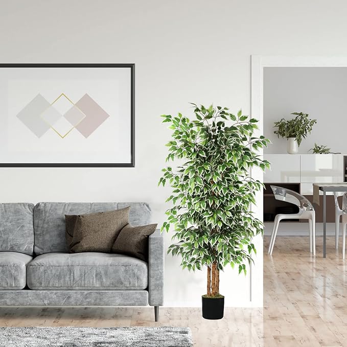 GTIDEA 6ft Artificial Tree Ficus, Tall Faux Trees Indoor with Natural Trunk and Fake Silk Tree Fake Plants for Home Winter Decor Living Room Outdoor Balcony House Office (Included Dried Moss)