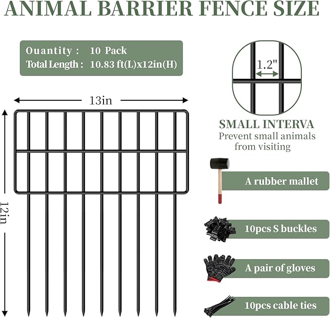10 Panels Garden Animal Barrier Fence, 10.8ft(L) x 12in(H) No Dig Decorative Fence, 1.2in Spike Spacing Rustproof Metal Garden Fence Border for Dogs Rabbits, Bottom Blocker for Outdoor Yard Patio