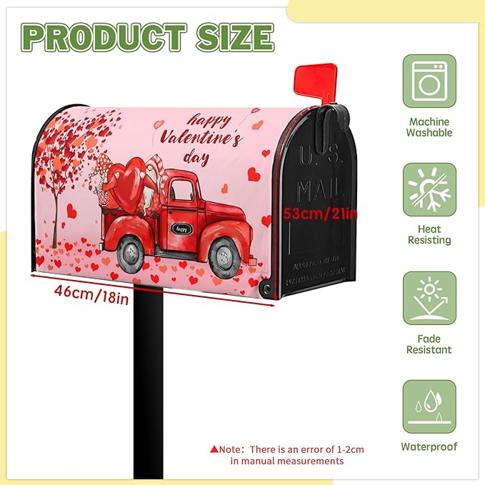 Gnomes Truck Red Valentines Day Mailbox Cover, Standard Size, Waterproof Oxford Fabric, Magnetic, 21x18 Inch